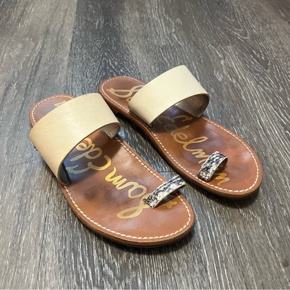 Women's Cream Slide Sandals with Snake-Print Toe Strap